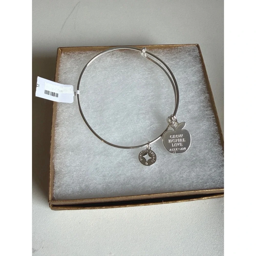 Alex and Ani Teacher Apple Charm Bangle Bracelet Silver Red Enamel